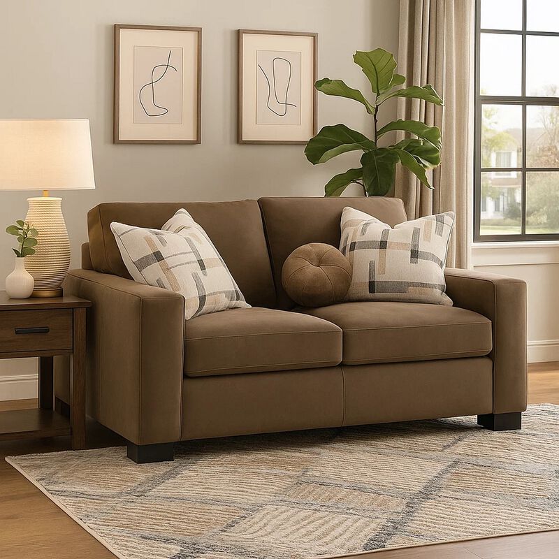 Lenu Modern Loveseat w 3 Accent Pillows, Brown Suede Fabric, 69 Inch