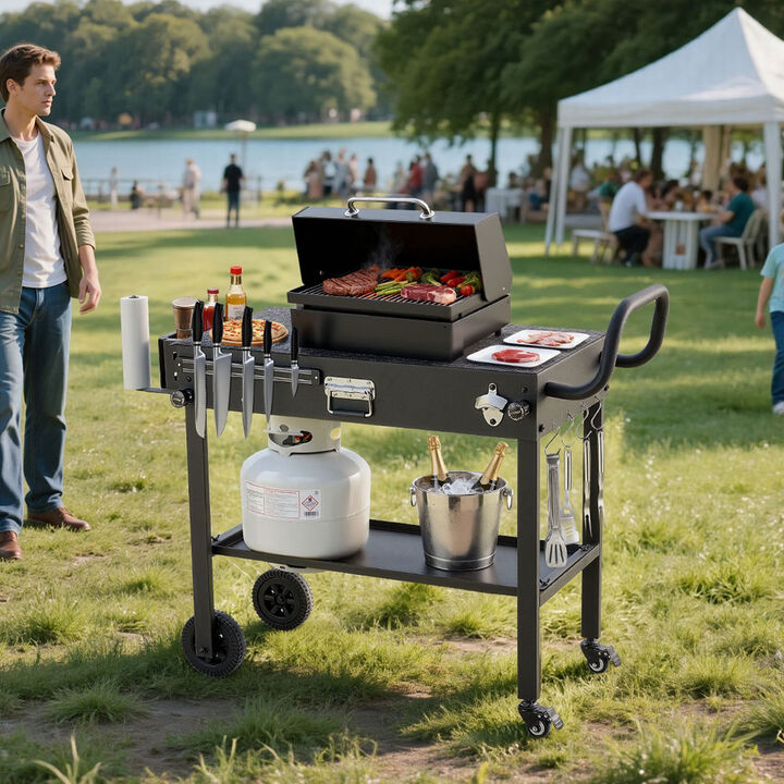 Outdoor Grill Cart Folding BBQ Prep Table with Wheels Magnetic Rack