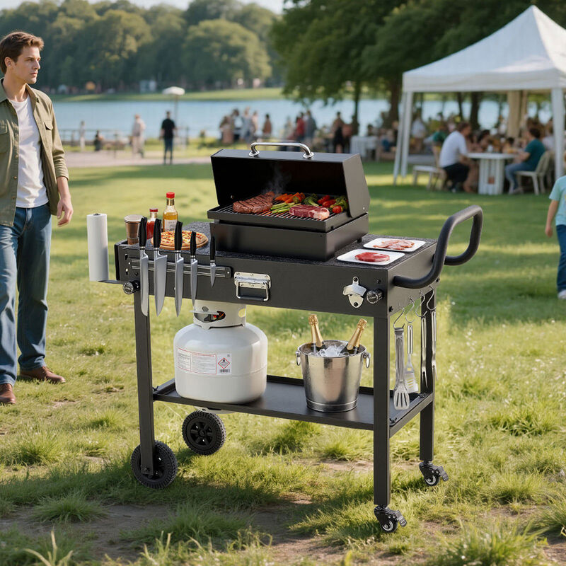 Outdoor Grill Cart Folding BBQ Prep Table with Wheels Magnetic Rack image number 1