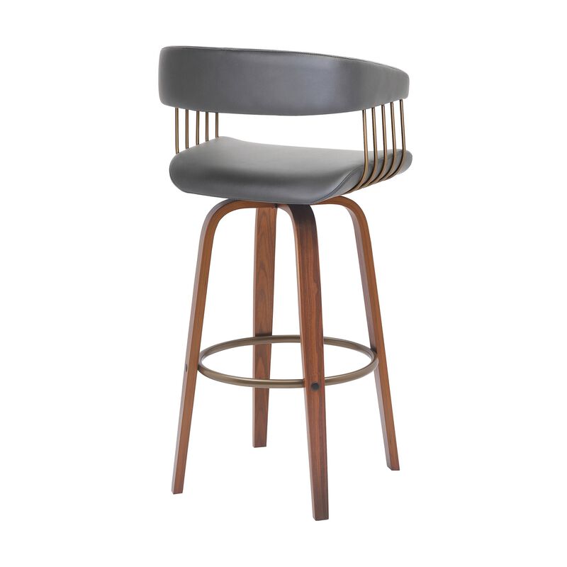 Maya 31 Inch Swivel Barstool Chair, Gray Faux Leather, Bronze, Walnut Brown - Benzara