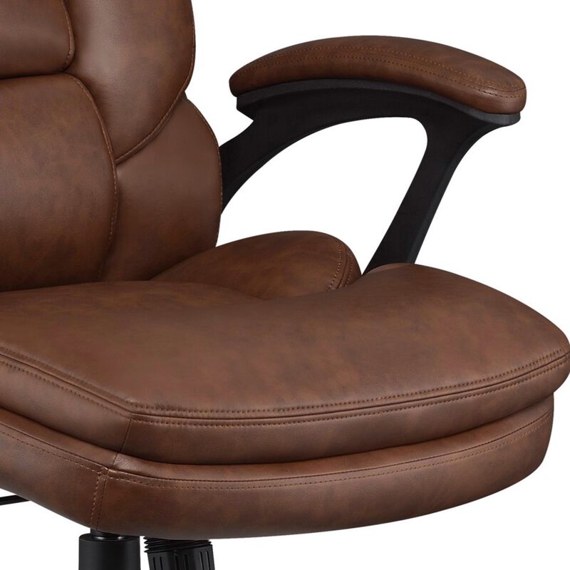 Leatherette Office Chair with Cushioned Back and Metal Star Base, Brown-Benzara