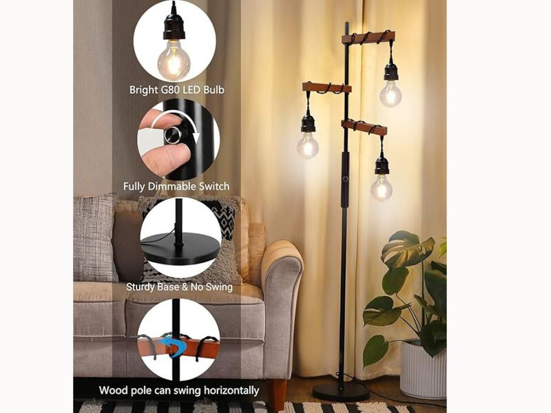 Industrial Tree Floor Lamp – 68" Tall, Dimmable, Rustic Black & Wood Finish