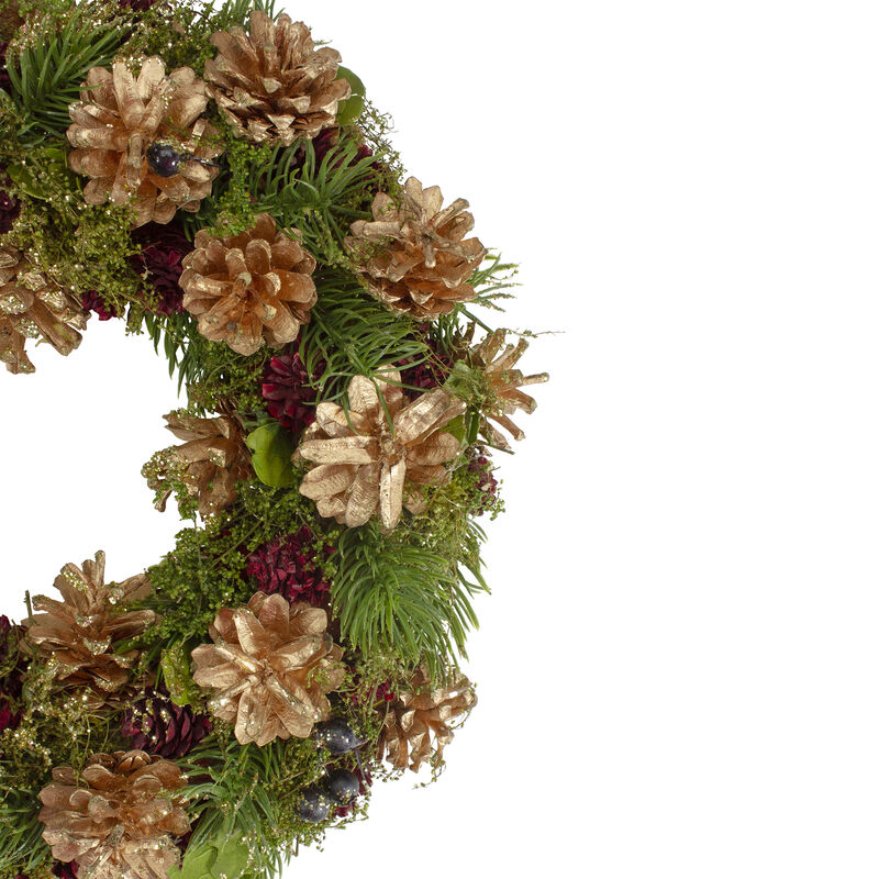 12" Green  Gold  and Red Glitter Pinecones Christmas Wreath image number 2