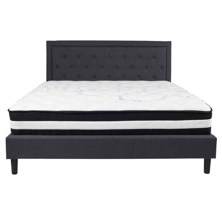 Roxbury King Size Tufted Upholstered Platform Bed in Dark Gray Fabric with Pocket Spring Mattress