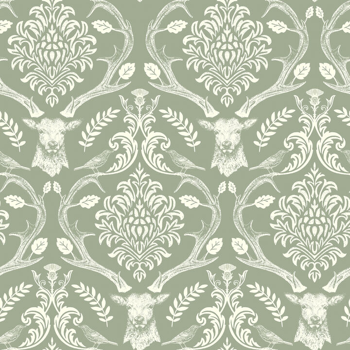 Wickham Green Stag Damask Wallpaper