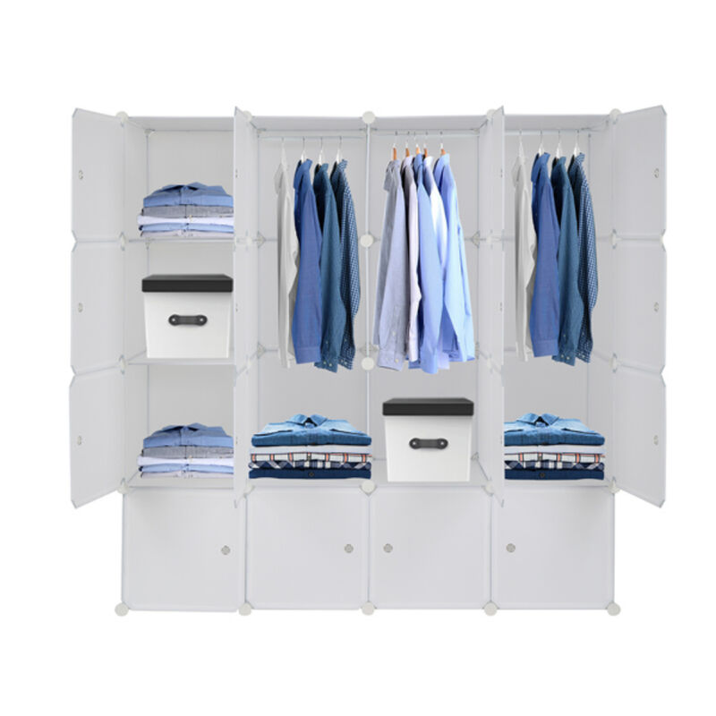 16-Cube Modular Wardrobe, 4-Layer Plastic & Steel Storage Organizer with 3 Hanging Rods image number 2