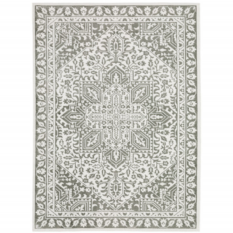 5 X 8 grey And White Oriental Power Loom Stain Resistant Area Rug