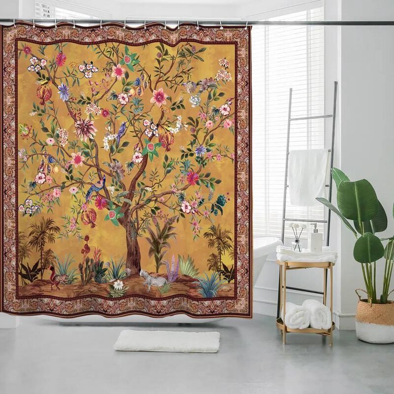 Hivvago 72-inch Brown Red Orange Green Floral Tree Birds Plants Flowers Shower Curtain