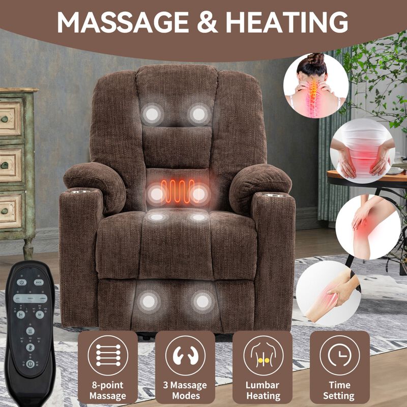 EMON'S Large Power Lift Recliner Chair with Massage and Heat for Elderly, Overstuffed Wide Recliners, Heavy Duty Motion Mechanism with USB and Type C Ports, 2 Steel Cup Holders