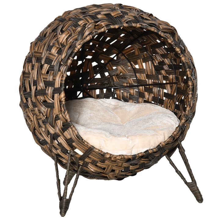 20.5" Woven Rattan Wicker Elevated Cat Bed House Kitten Basket Ball Shaped Pet Furniture with Cushion PP Cotton Brown