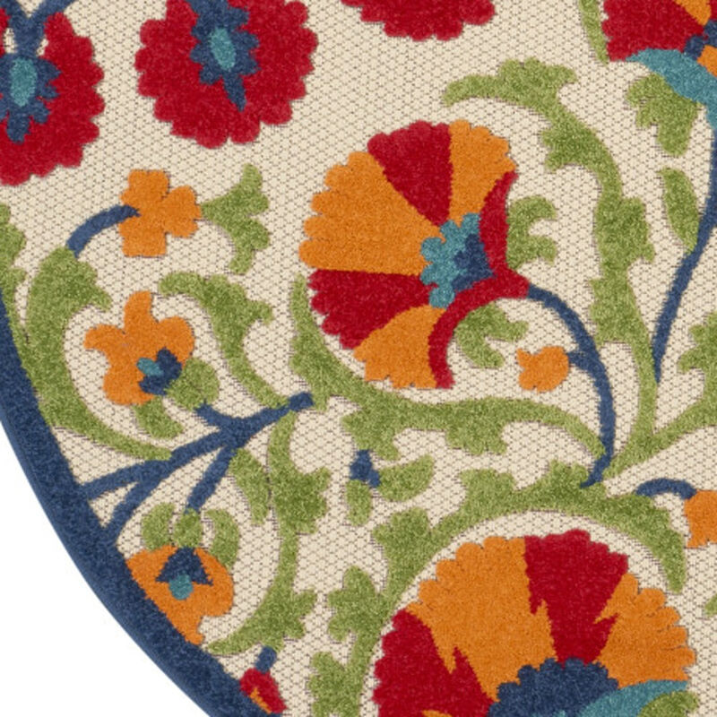 HomeRoots 4' Navy Blue Beige Green Blue And Red Round Floral Indoor Outdoor Area Rug image number 3