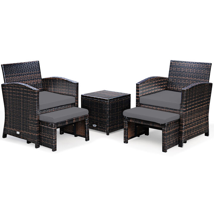 5 Pieces Patio Rattan Furniture Set with Ottoman and Tempered Glass Coffee Table