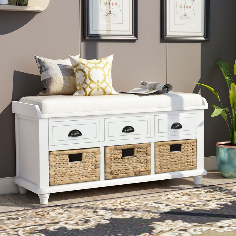 Whisen Rustic Storage Bench with 3 Drawers and 3 Rattan Baskets - White Washed