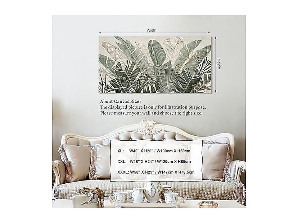 Tropical Plants Wall Art Green Leaf Canvas Living Decor Banana Leaves Line Taupe