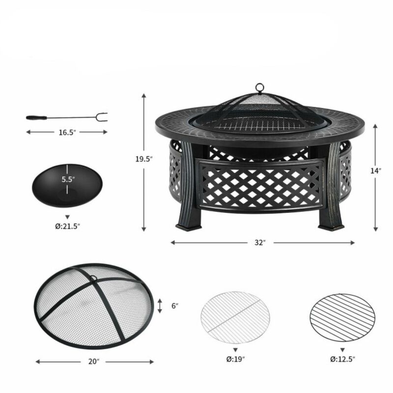 Hivvago Rustic Steel Outdoor Fire Pit with BBQ Grill with Poker and Mesh Cover