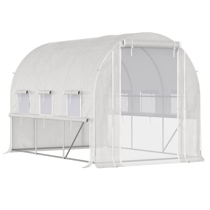 Outsunny 9.7' x 6.5' x 6.5' Walk-in Tunnel Greenhouse, Outside Hot House with 8 Mesh Windows, Bottom Vents, Zippered Door, PE Cover, Heavy Duty Steel Frame, White