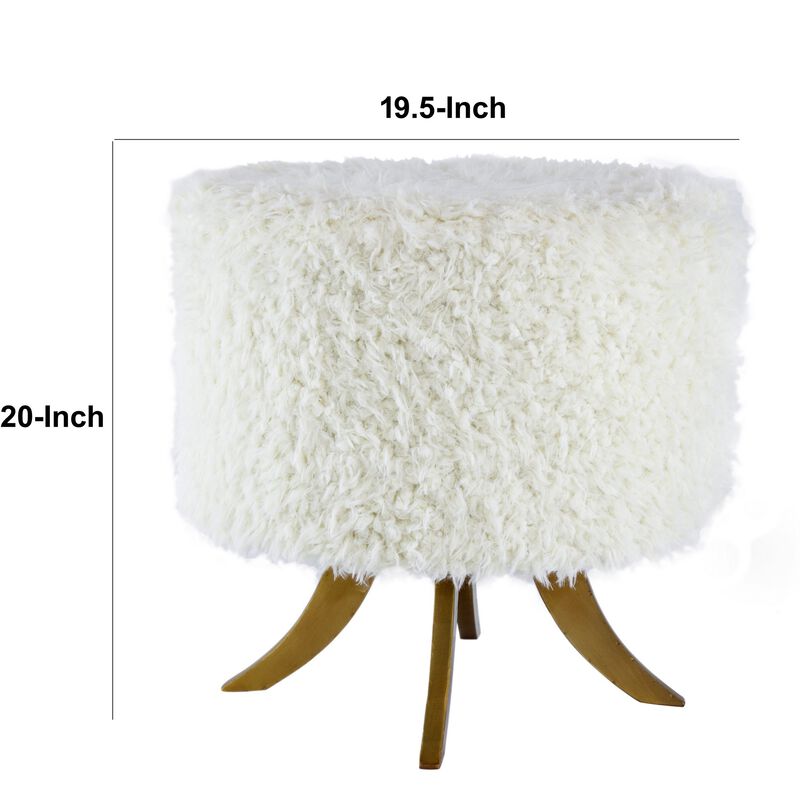 20 Inch Ottoman, Foam Filled, Shearling Fabric, Wood Frame, White, Brown - Benzara