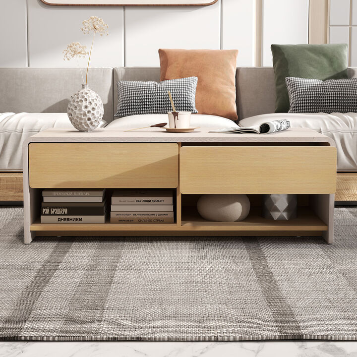 Space-Saving Coffee Table with 2 Drawers and 2 Storage Shelves for Living Room