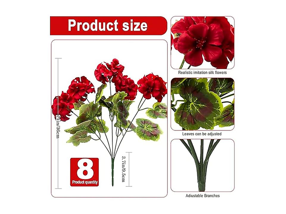 8 Pack Artificial Geranium Plant Realistic Silk Flowers Outside UV Resistant