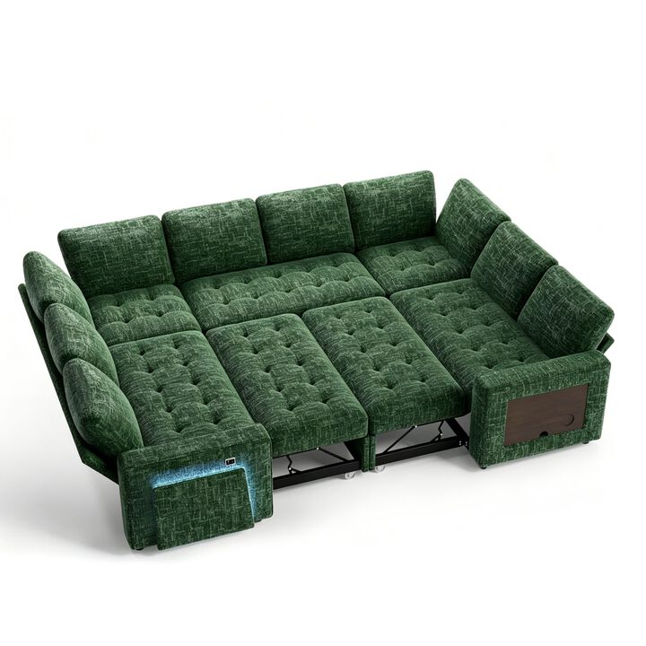 102" 8-Seat U-Shaped Modular Sectional Sleeper Sofa with Pull Out Bed, Chenille Reclining Backrests