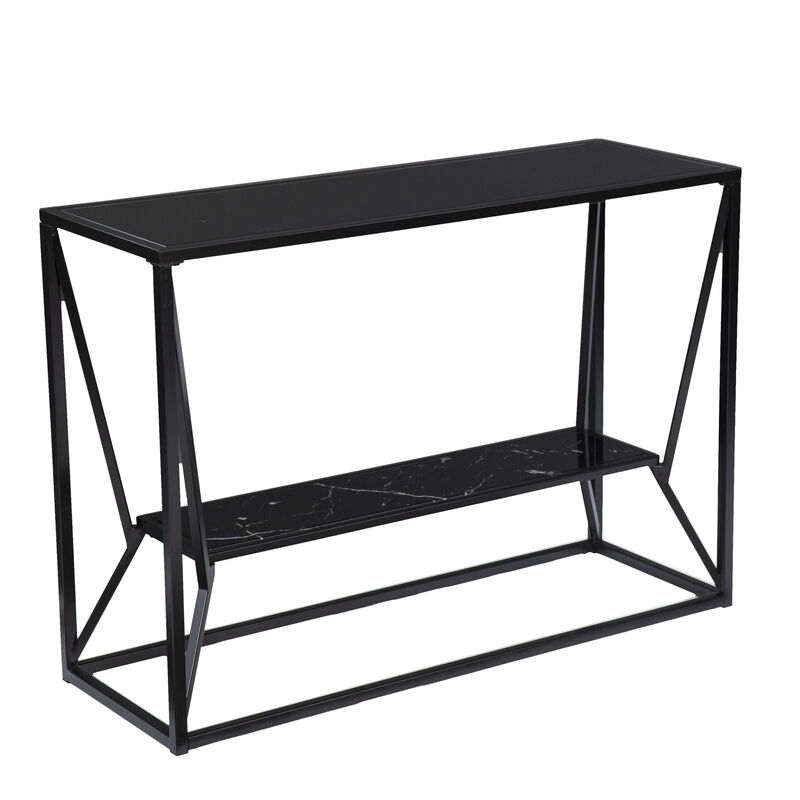 HomeRoots 42" Black Glass and Metal A Frame Console Table With Shelf image number 2