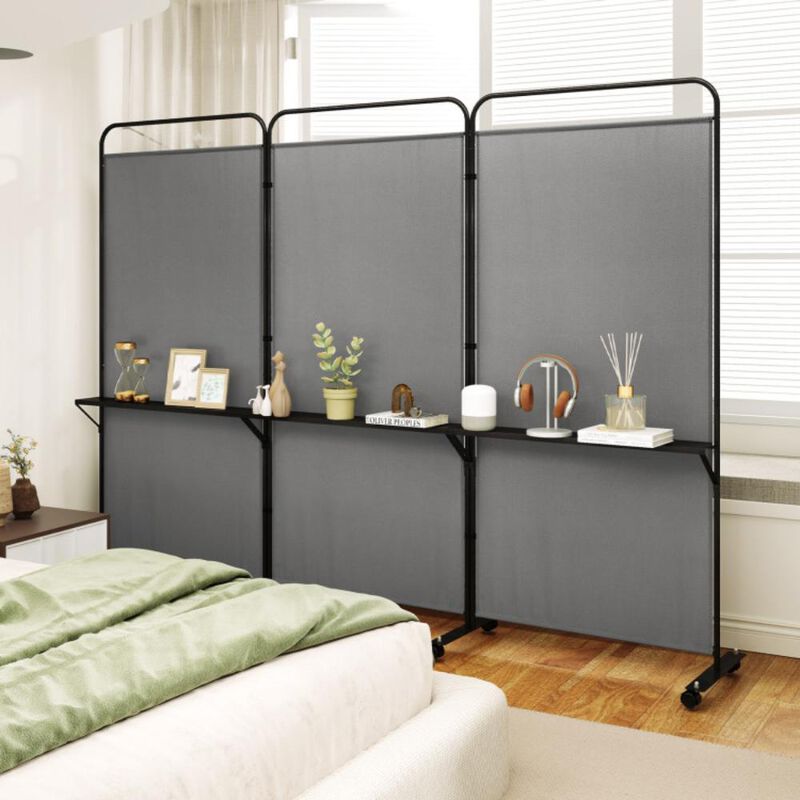 Hivvago 3-Panel Folding Room Divider with 3 Metal Shelves and Lockable Wheels