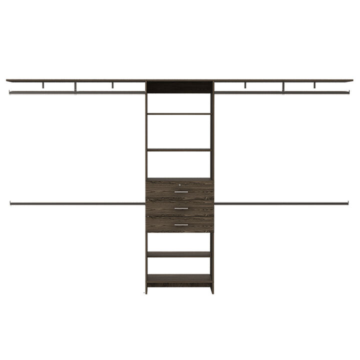 Streamdale Dark Walnut Closet System 5 Shelves, 4 Rods, 3 Drawers