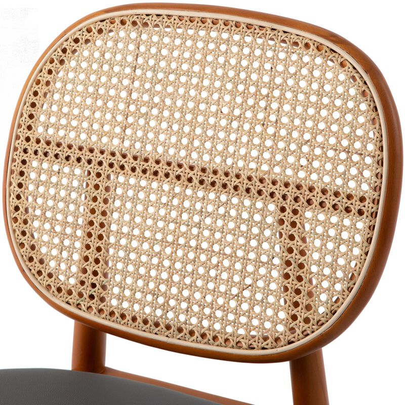 LeisureMod Holbeck Wicker Dining Chair with Upholstered Leather Seat and Beech Wood Legs, Set of 4