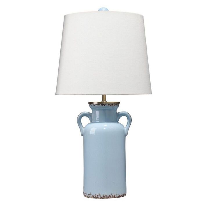 21 Inch Ceramic Table Lamp with Handles, White and Blue-Benzara