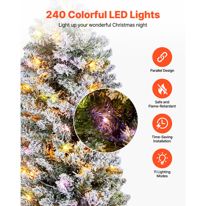 VEVOR Christmas Tree 6ft Prelit Snow Flocked Tree with 240 Colorful LED Lights image number 3