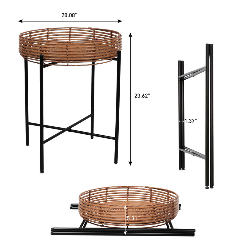 Malia Coastal Bohemian Faux Rattan Round Tray End Table with Metal Base image number 3