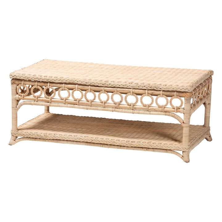 bali & pari Oxford Braided Natural Rattan Coffee Table with Open Shelf - Coastal Boho Living Room Accent Table with Decorative Loop Detailing