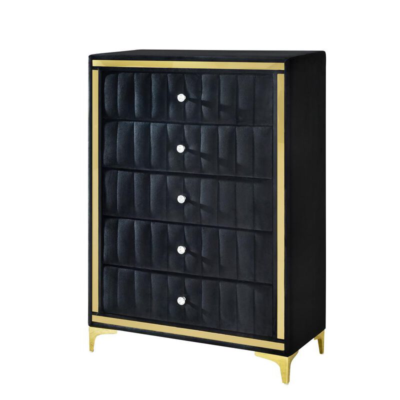 Upholstered 5-Drawer Chest Dresser with Gold Legs and Gold Trim