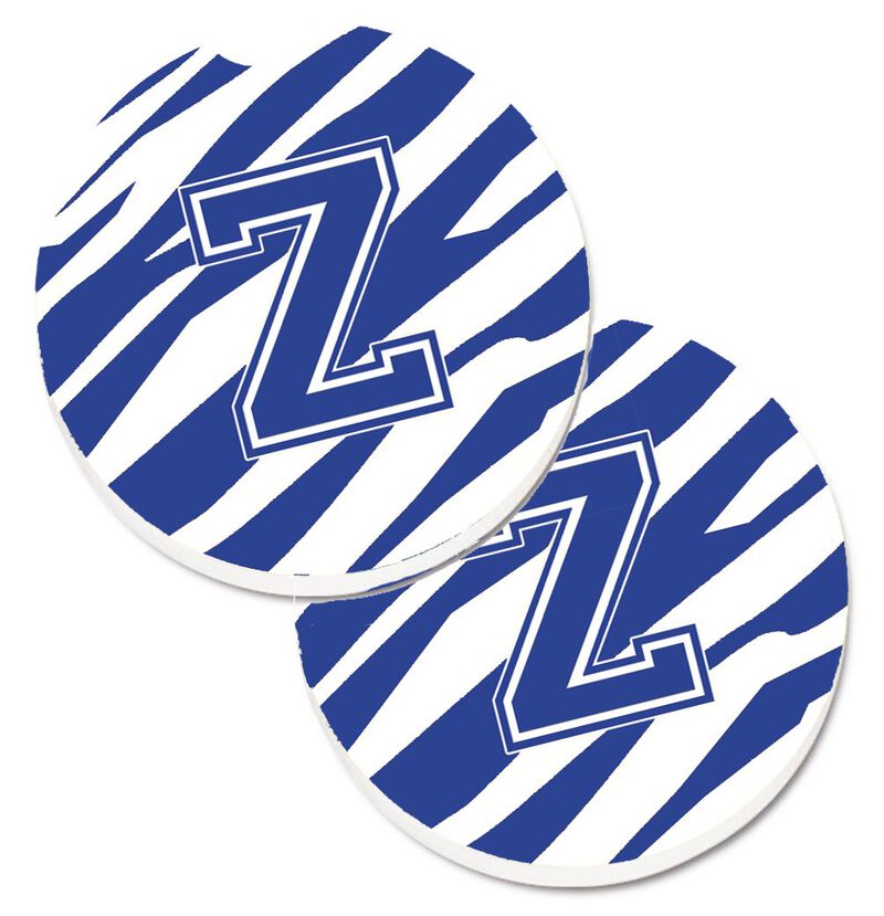 Caroline's Treasures Monogram Initial Z Tiger Stripe Blue & White Set of 2 Cup Holder Car Coasters CJ1034-ZCARC, 2.56, Multicolor