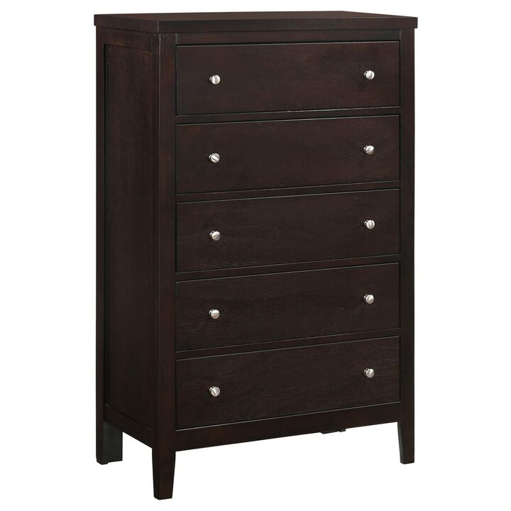 Con 48 Inch Tall 5 Drawer Dresser Chest, Silver Knobs, Cappuccino Brown-Benzara