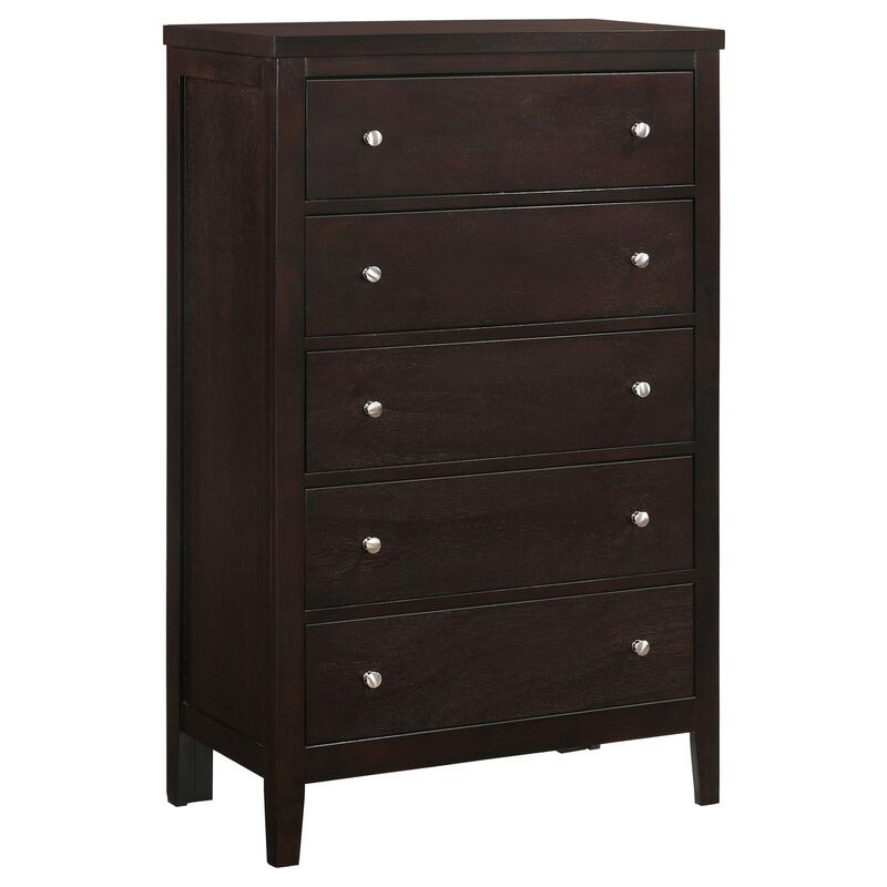 Con 48 Inch Tall 5 Drawer Dresser Chest, Silver Knobs, Cappuccino Brown - Benzara