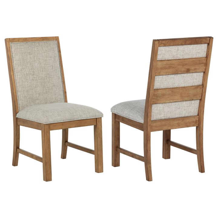 Rune Dining Side Chair Set of 2, Brown Asian Hardwood, Beige Fabric - Benzara