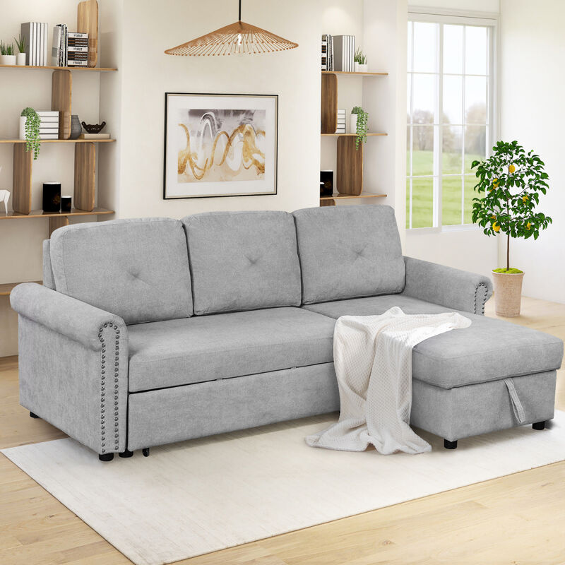 83" Modern Convertible Sleeper Sofa Bed with Storage Chaise, Gray
