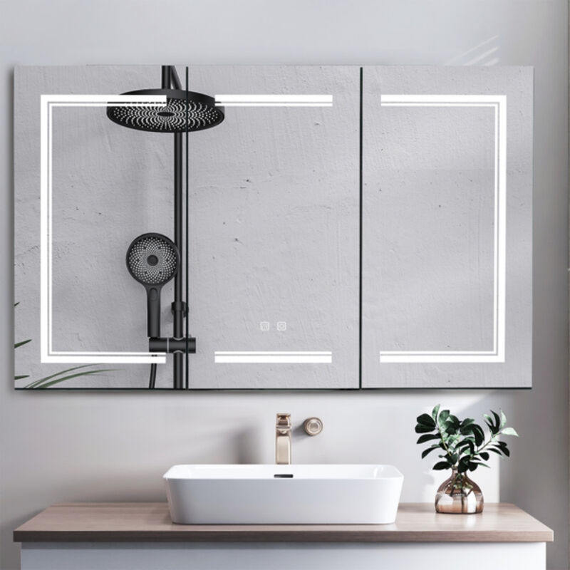 Modern Bathroom Wall Cabinet with Three-Color LED Light and Dual Power Plugs