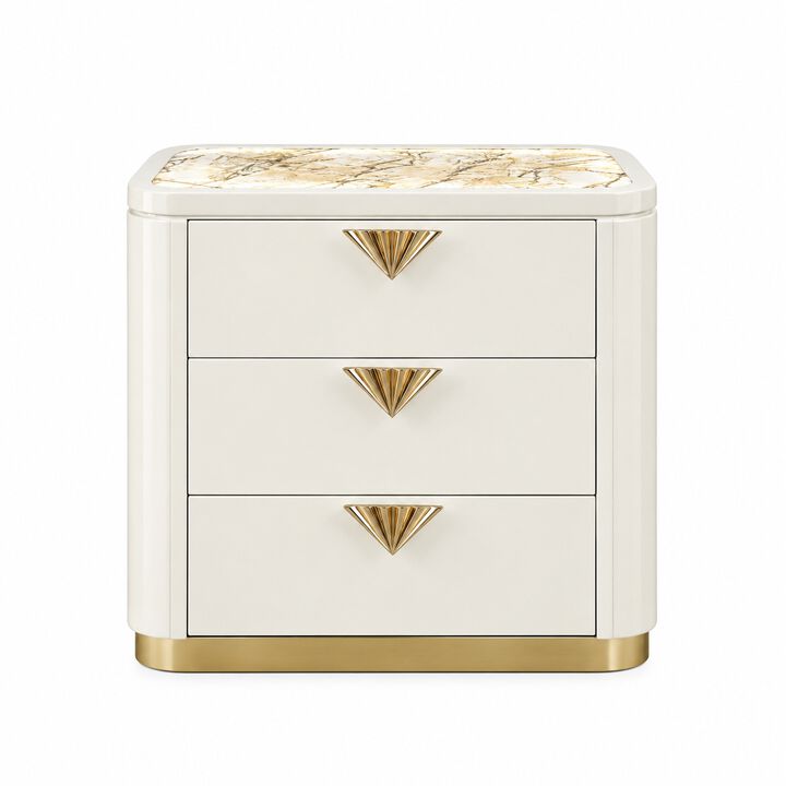 La Pierre High-Gloss Nightstand with 3 Drawers, Rounded Design and Illuminated Top