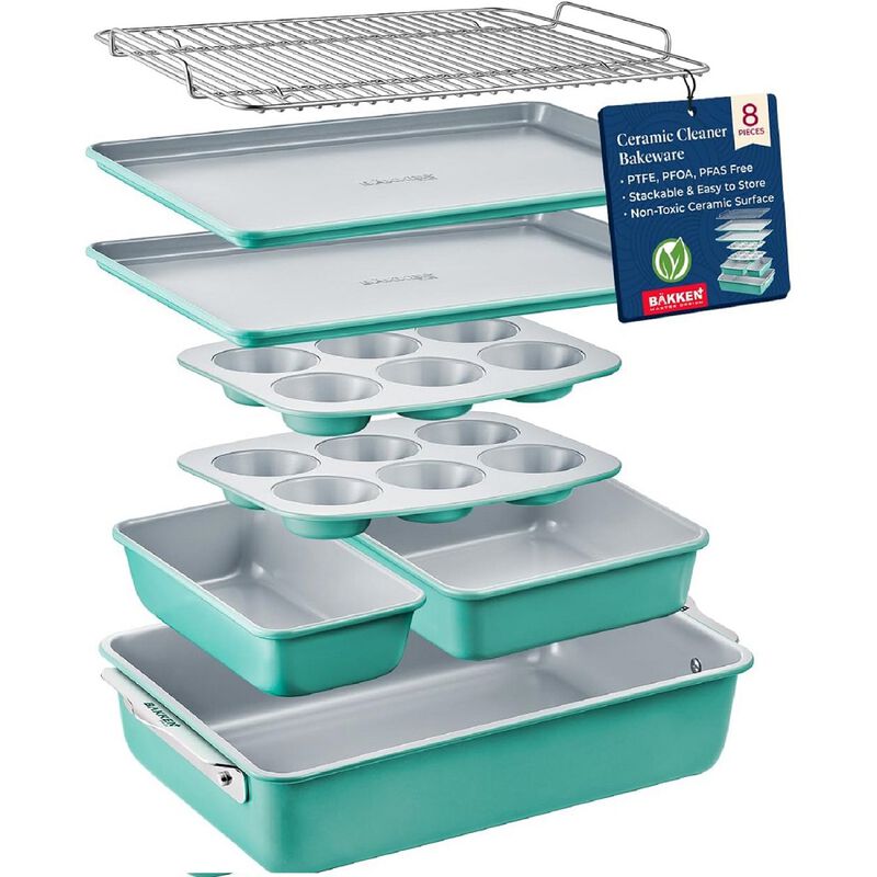 Bakken 8-Piece Stackable Bakeware Set - Ceramic Non-Stick Coating, Baking Sheets, Assorted Baking Pans, PTFE, PFOA & PFOS Free - Healthy Baking, Ergonomic Handles, Cooling Rack, Non-Toxic, Oven-Safe