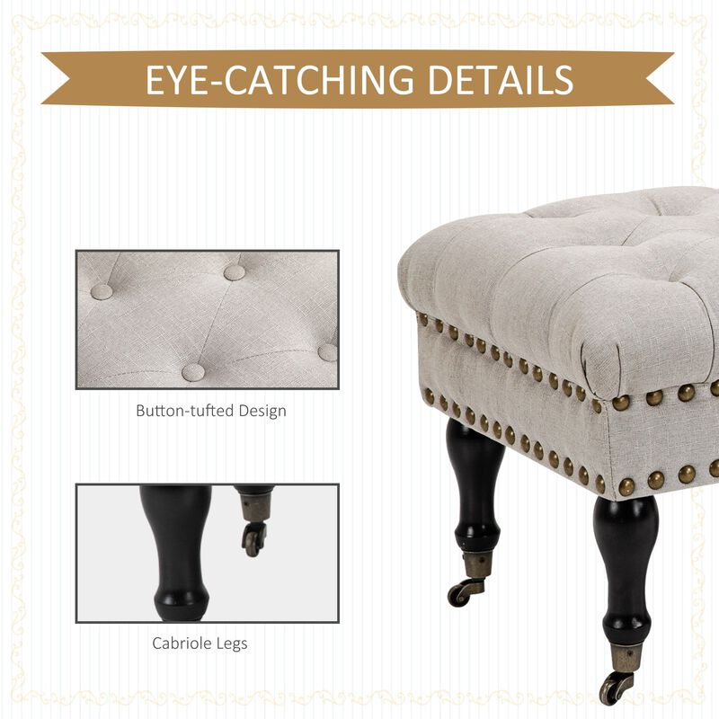 Mobile Upholstered Bench Rolling Button-Tufted Fabric Accent Ottoman with Nailhead Trim & Wheels, Beige image number 5
