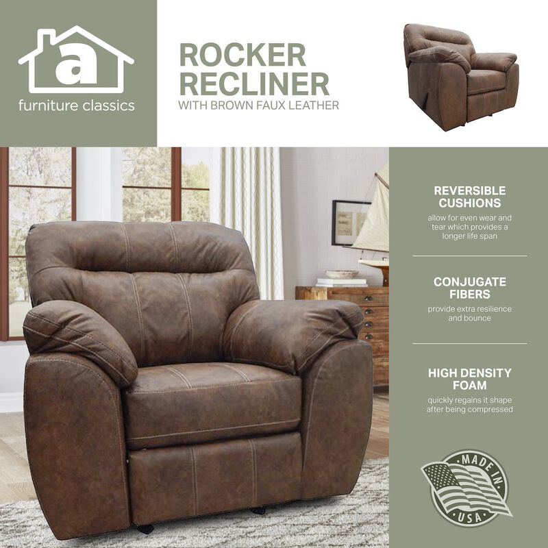 American Furniture Classics Rocker Recliner Chair in Brown Faux Leather