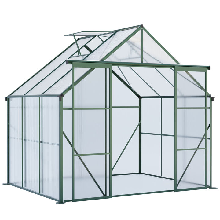 Double Door Polycarbonate Walk-In Greenhouse with Raised Base and Aluminum Frame