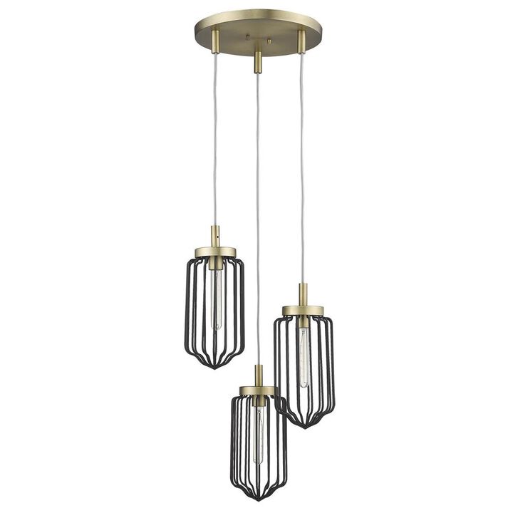Hivvago Gold Caged Three Light Metal Dimmable Chandelier With Black Shades