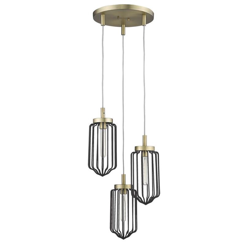 Hivvago Gold Caged Three Light Metal Dimmable Chandelier With Black Shades