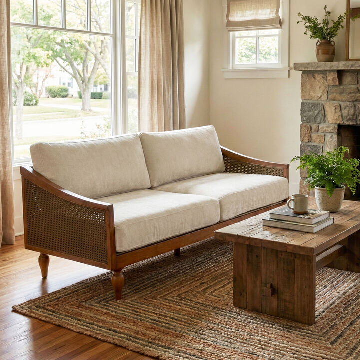 Merax Rubberwood Frame 2 Seater Chenille Loveseat Rattan Woven Side Panels with High-Density Foam Cushions