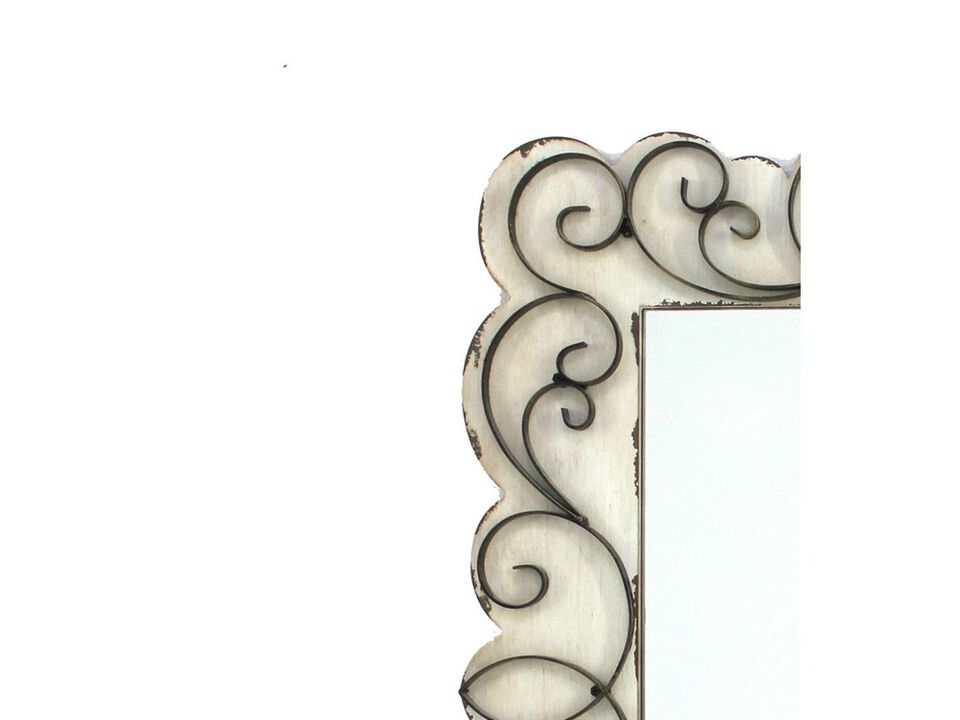 Rectangular Wall Mirror with Wooden Frame and Metal Scrolled edges, White - Benzara