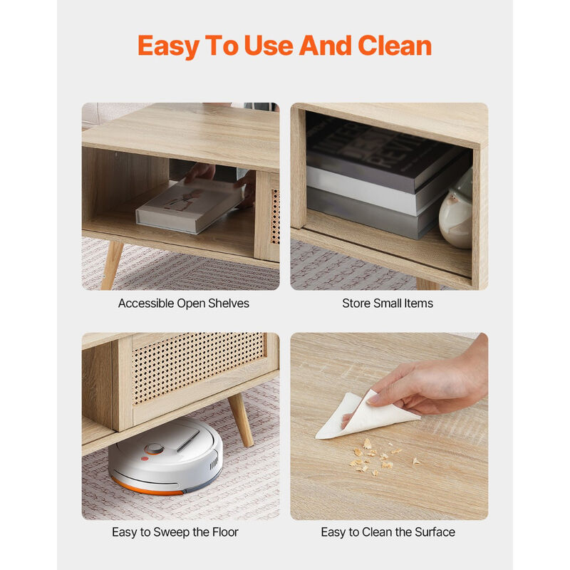 Mid Century Rattan Coffee Table with Two-Tier Storage for Living Room or Bedroom