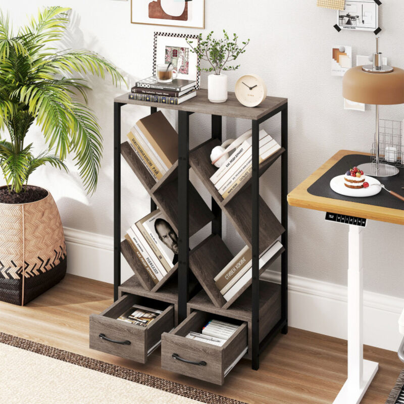 4 Tier Floor Tree Bookshelf with Drawer and Metal Frame